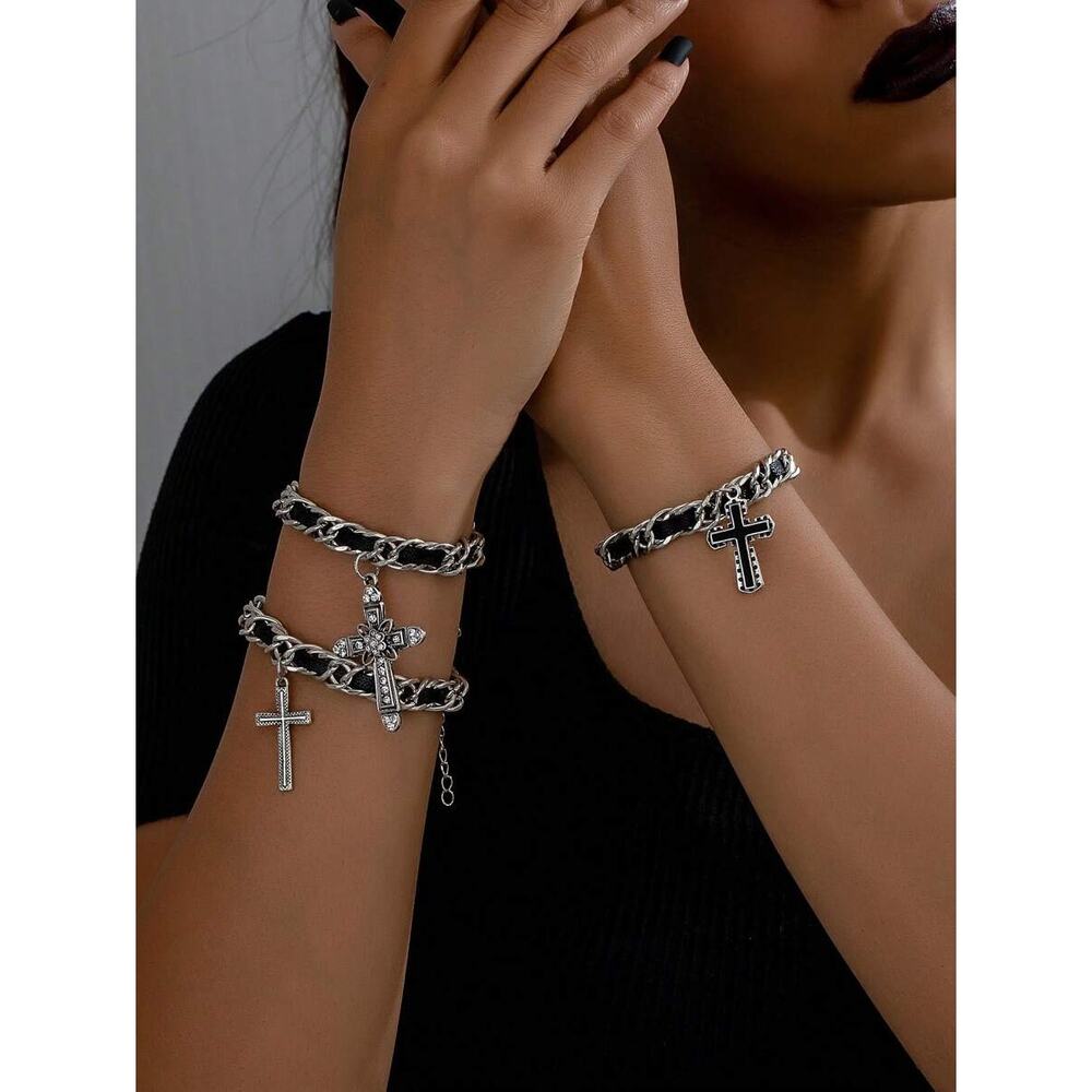 3x Silver & Black Gothic Punk Rock Cross Charm Chain Bracelet Set